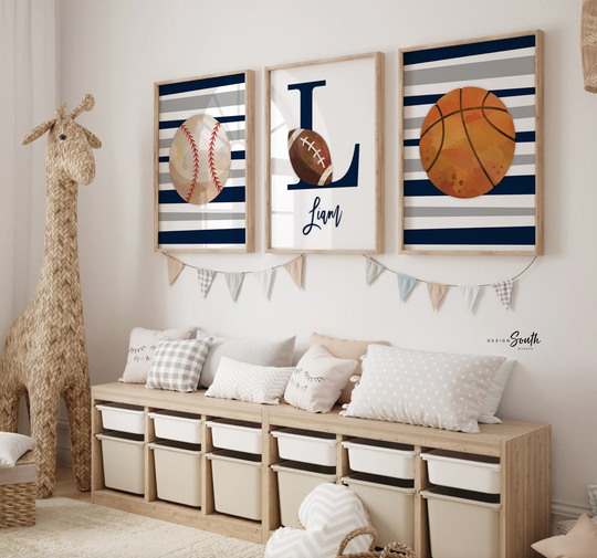 Blue sports art, sports wall prints customized kids name, nursery decor sports theme, set of three above crib sports, boy bedroom sports art