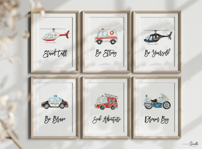 Rescue vehicle wall art, emergency vehicles nursery art, toddler room decor, big boy bedroom, transportation nursery, vehicles wall art set