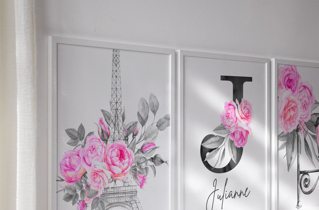 Pink paris themed girls room, hot pink eiffel tower parisian little girl decor, girl personalized name floral roses, elegant nursery decor