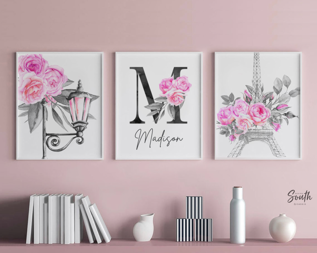 Pink paris themed girls room, hot pink eiffel tower parisian little girl decor, girl personalized name floral roses, elegant nursery decor