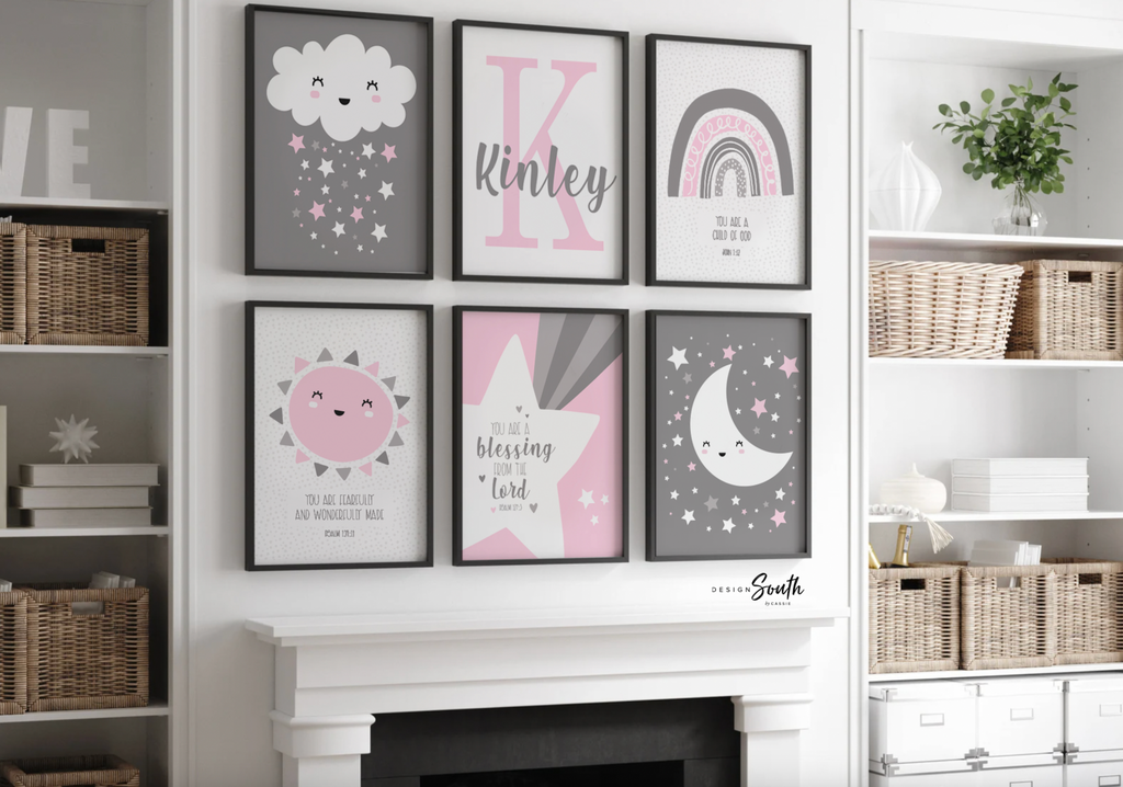 Girl pink and gray nursery, pink gray nursery name print, gray star celestial monogram for girl, moon and stars nursery, cloud star moon sun rainbow nursery decor, cloud baby decor