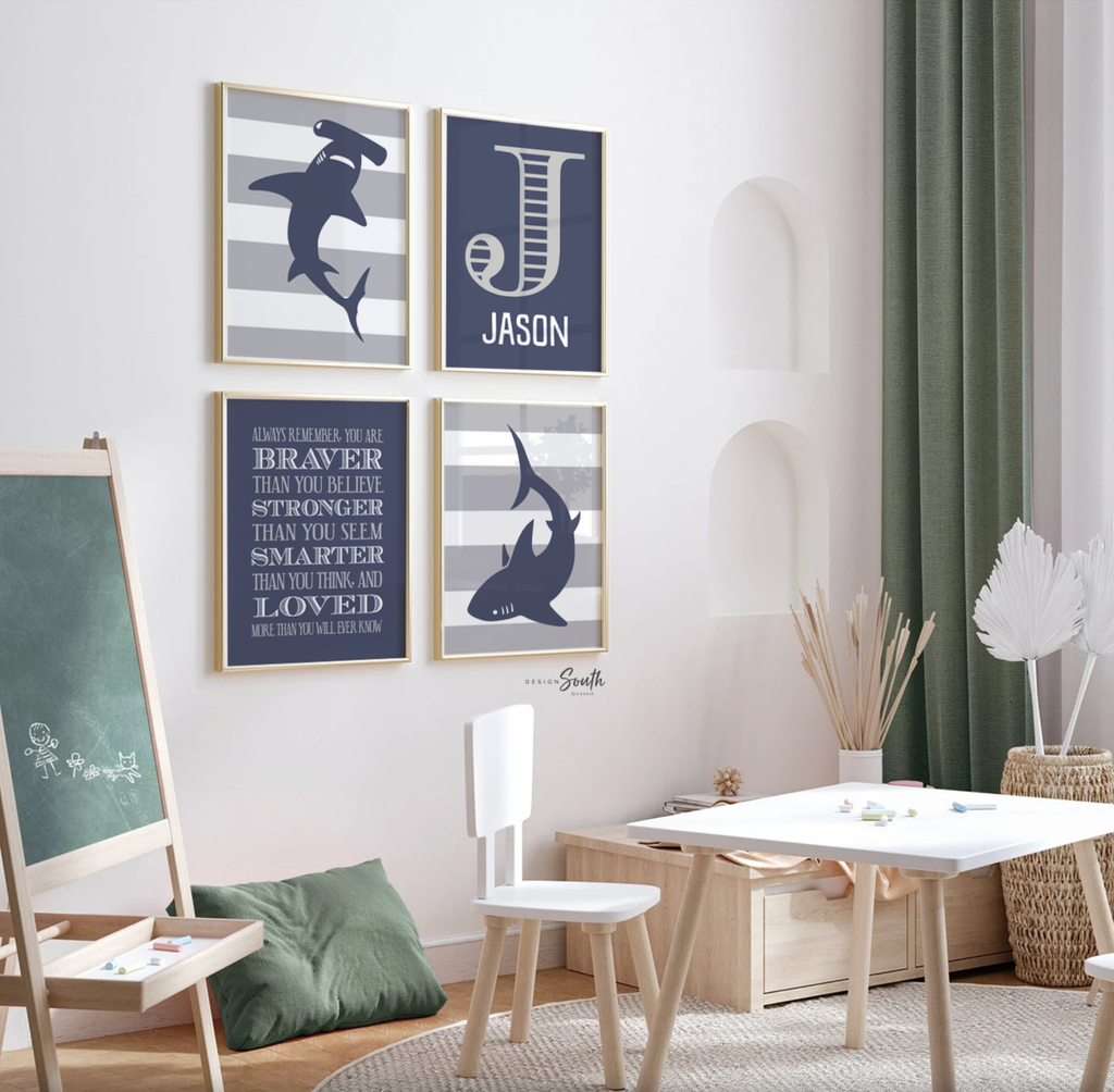 Boys navy blue and gray shark room decor, boys wall art, big boy bedroom, boys shark bedroom personalized name, shark nursery, shark decor