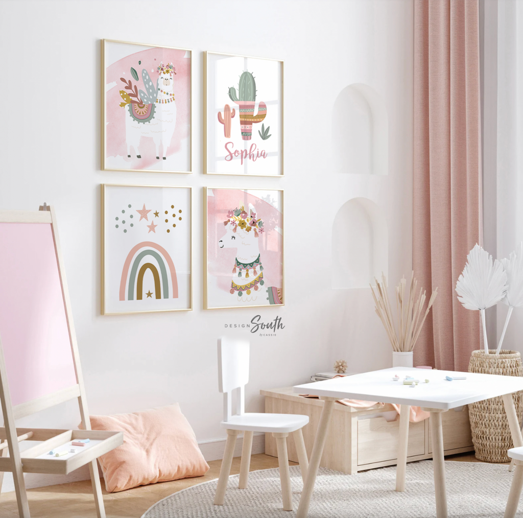Boho nursery decor, boho nursery wall art idea, print set llama mauve pink succulents, llama themed baby room, wall decor girl bedroom llama