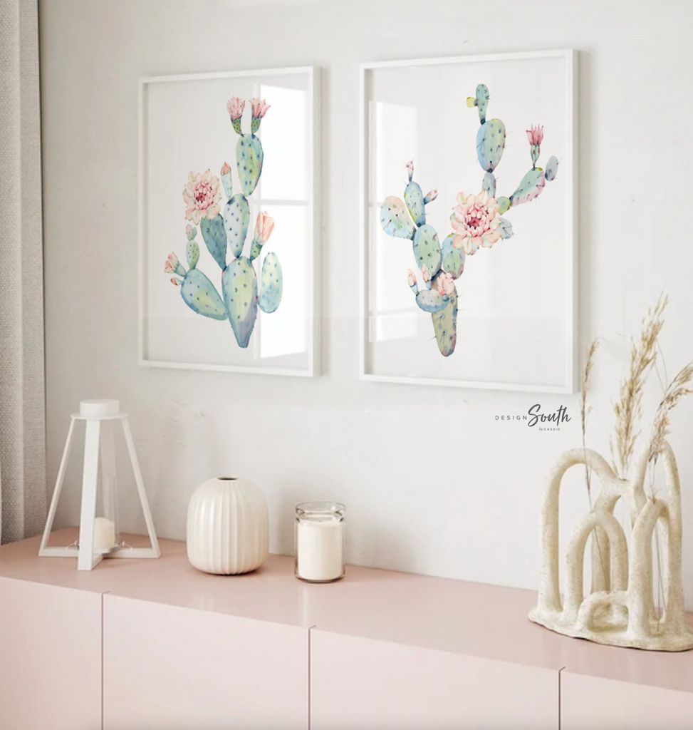 Floral cactus wall art nursery, baby girl's room wall art, succulent desert cactus bloom pink flowers, gallery wall, girl playroom pink art