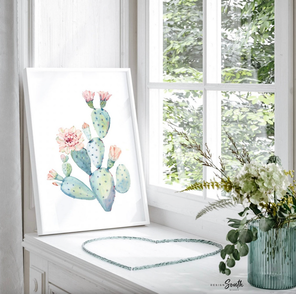 Floral cactus wall art nursery, baby girl's room wall art, succulent desert cactus bloom pink flowers, gallery wall, girl playroom pink art