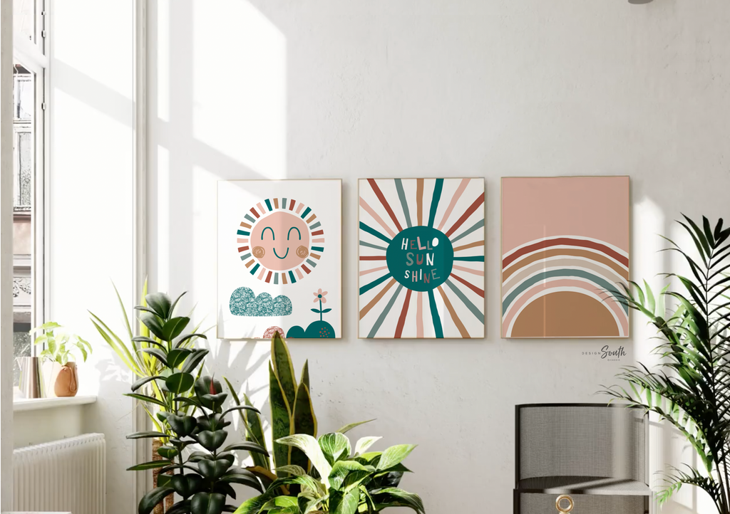 Hello sunshine baby art, teal nursery art, teal bedroom gender neutral kids art, gender neutral nursery beige teal, sun clouds rainbow kids
