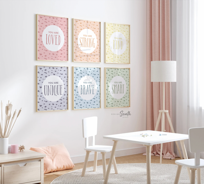 Playroom prints, children prints, set of 6, art print playroom decor, modern playroom, printed and shipped playroom art, pastel playroom