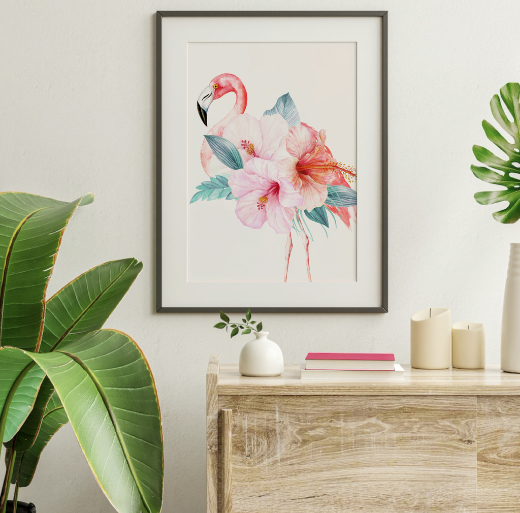 Tropical leaves girl's room wall art, flamingo nursery decor, tropical hawaiian theme room, tropical baby shower gift for girl personalized