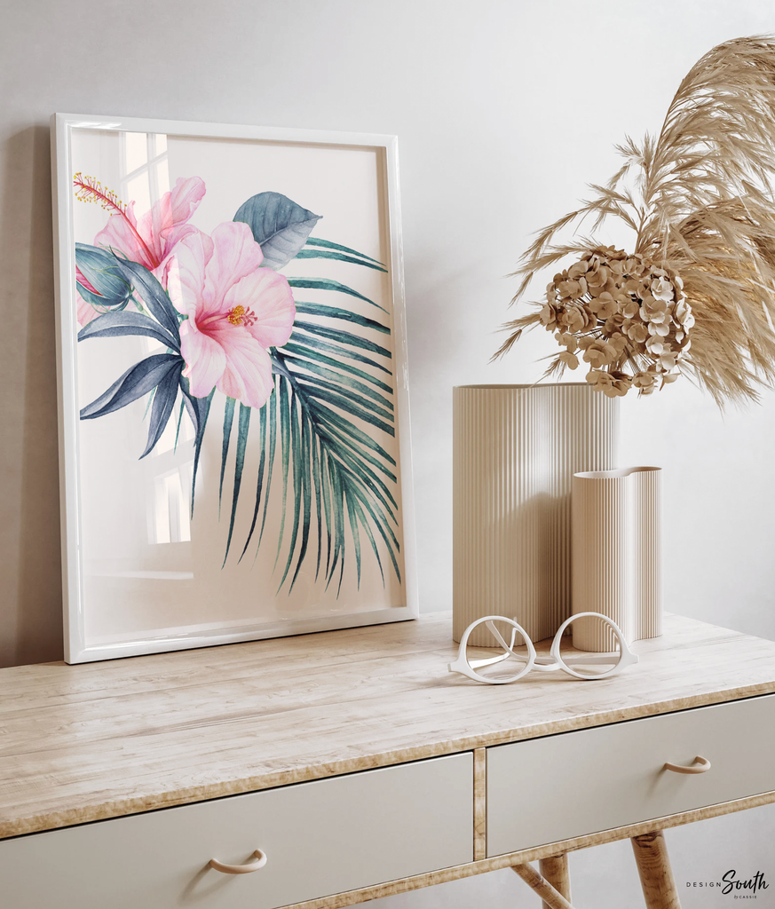 Tropical leaves girl's room wall art, flamingo nursery decor, tropical hawaiian theme room, tropical baby shower gift for girl personalized