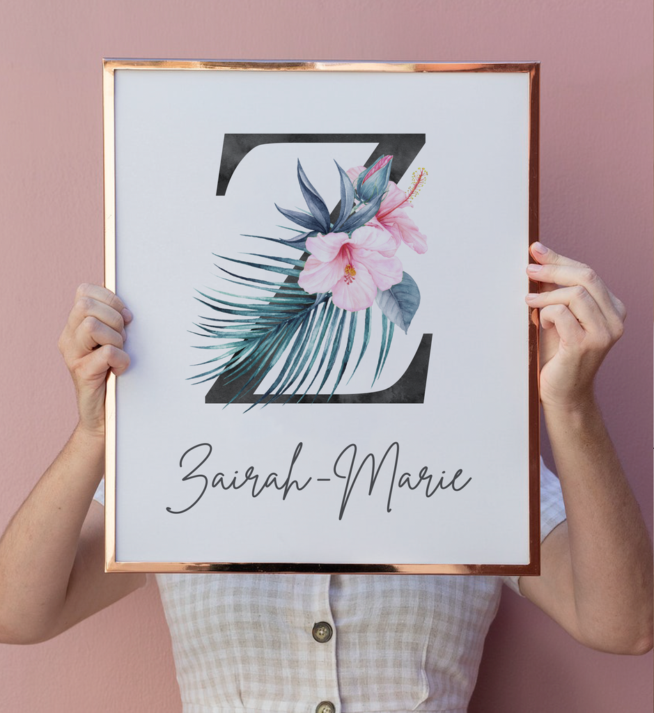 Tropical leaves girl's room wall art, flamingo nursery decor, tropical hawaiian theme room, tropical baby shower gift for girl personalized