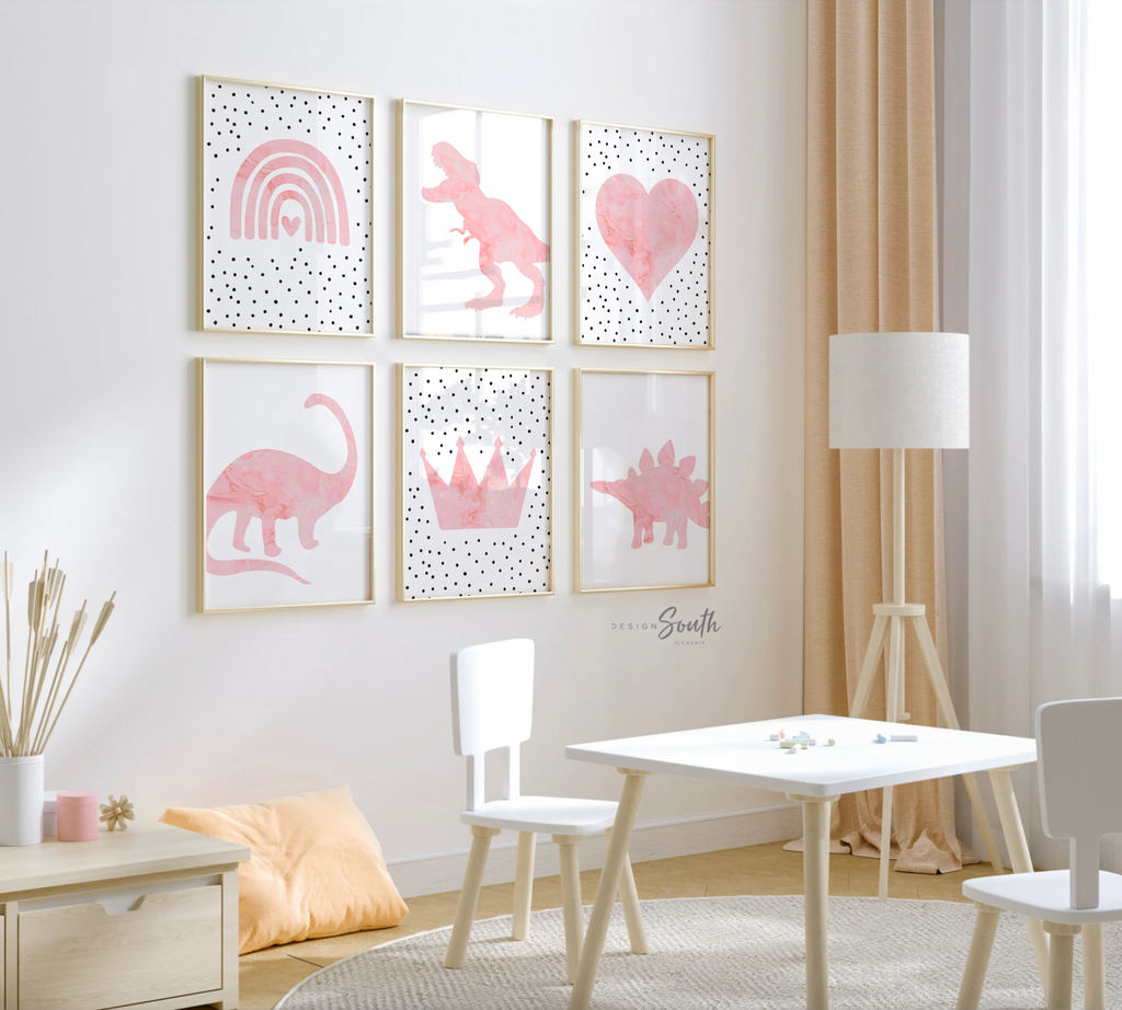 Girl dinosaurs hearts rainbows, girl pink dinosaur themed nursery, girl dinosaur bedroom wall art, pink dinosaurs, 6 girly dinosaur prints