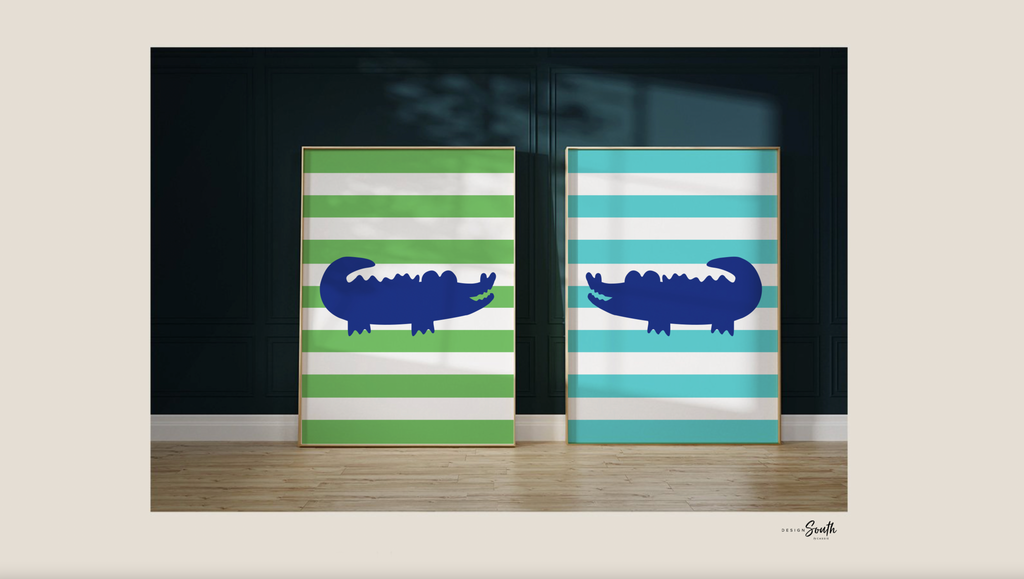 Alligator kids safari collection set, bathroom designs alligator theme, green navy aqua blue children's bathroom decor, alligator wall art