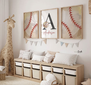 Baseball nursery, vintage baseball nursery art, red gray beige baseball art for kids, baseball-themed nursery, red baseball nursery prints
