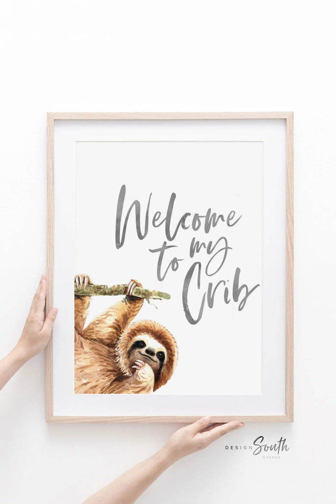 Sloth wall art set, sloth themed baby nursery, sloth nursery ideas, sloth tropical rainforest room decor, neutral sloth green gray newborn