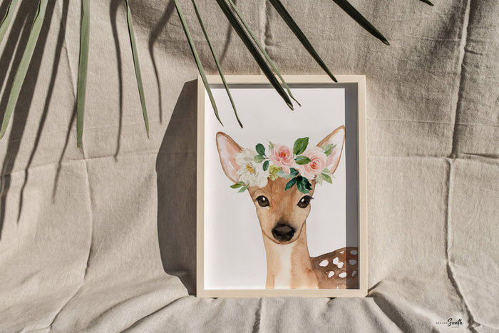 Pink Fawn Nursery Art — Baby Deer Woodland Prints for Girls