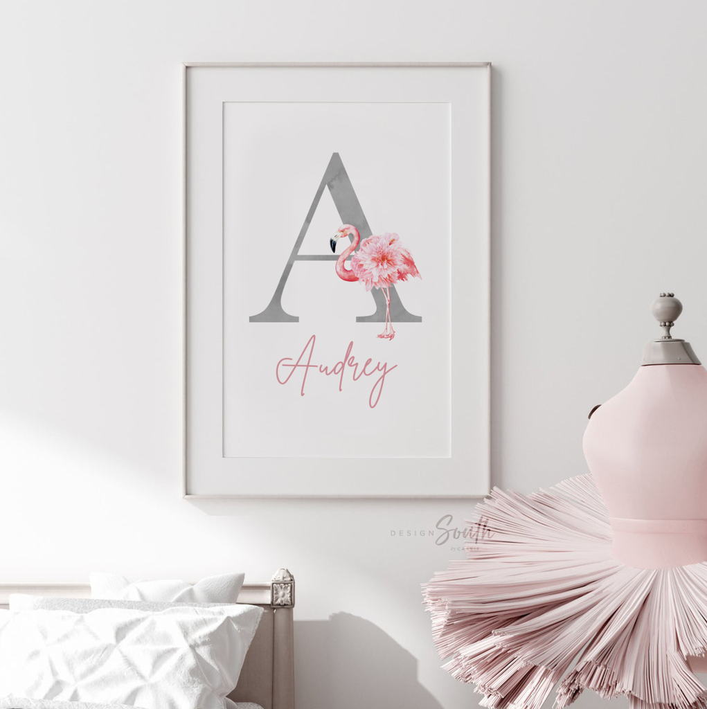 Pink and gray nursery art, pink and gray nursery decor baby name personalized, flamingo girls name, custom girl sign tropical nursery themed