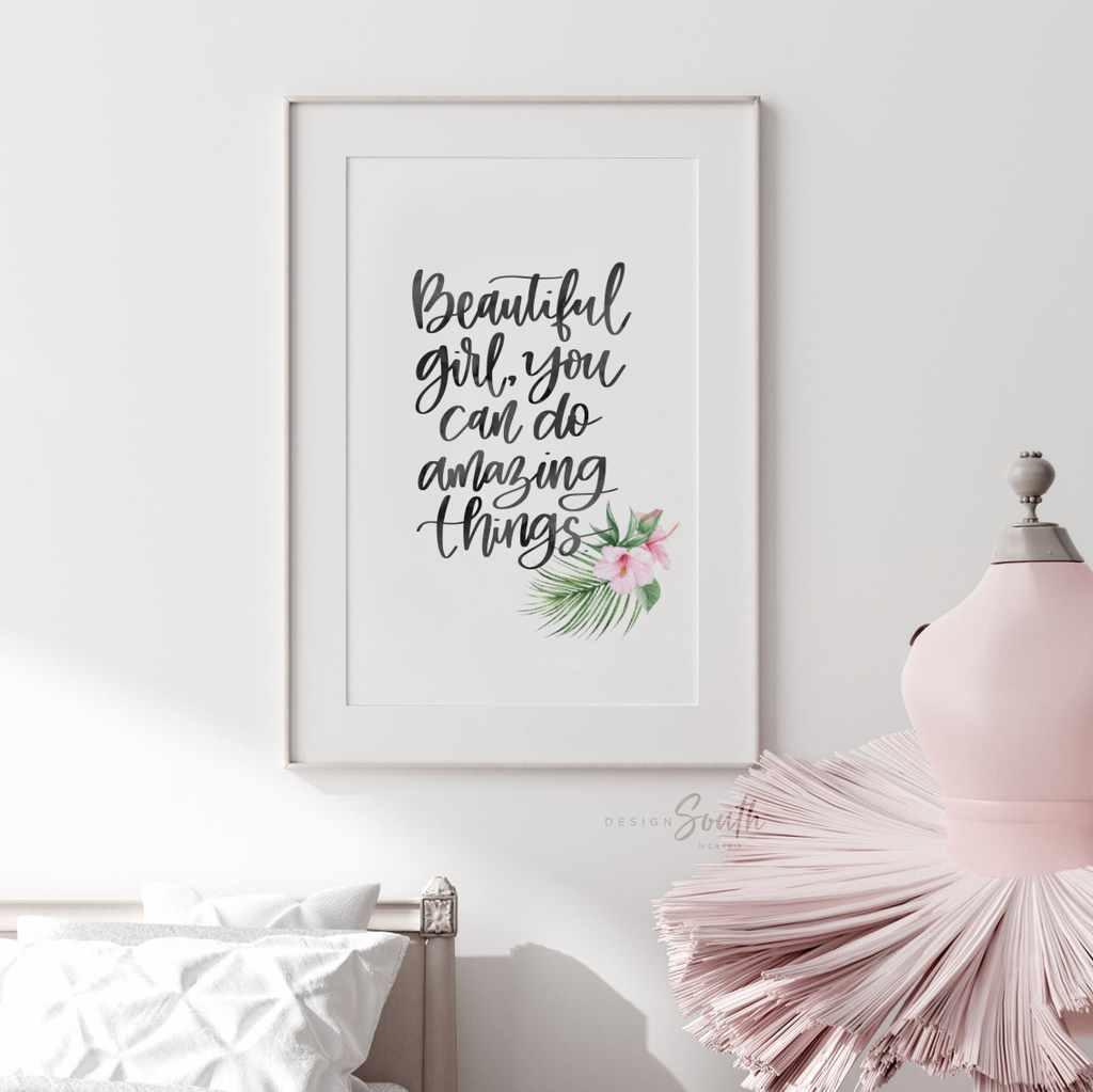 Giraffe nursery decor, girls tropical animal theme nursery decor, girls inspirational quote print, pink and green tropical leaf nursery art