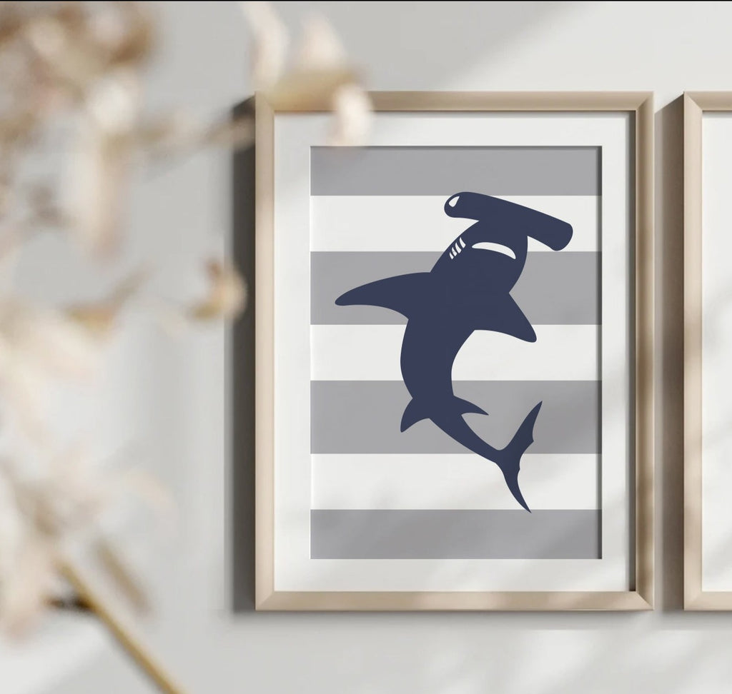 Navy blue gray shark decor, brothers shared room wall art, brother decor boys shark themed nursery, boys playroom bedroom shark wall decor
