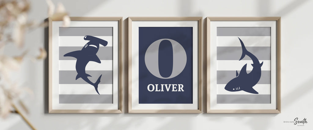 Navy blue gray shark decor, brothers shared room wall art, brother decor boys shark themed nursery, boys playroom bedroom shark wall decor