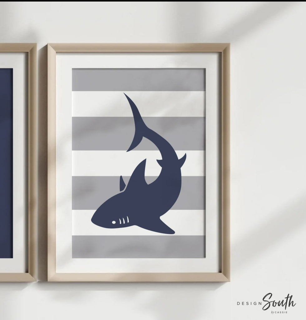 Navy blue gray shark decor, brothers shared room wall art, brother decor boys shark themed nursery, boys playroom bedroom shark wall decor