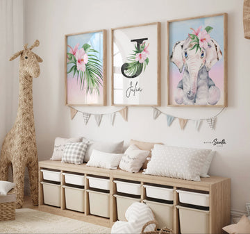 Tropical baby girl nursery wall decor, elephant nursery decor, tropical botanical girl bedroom theme, baby shower gift elephant personalized