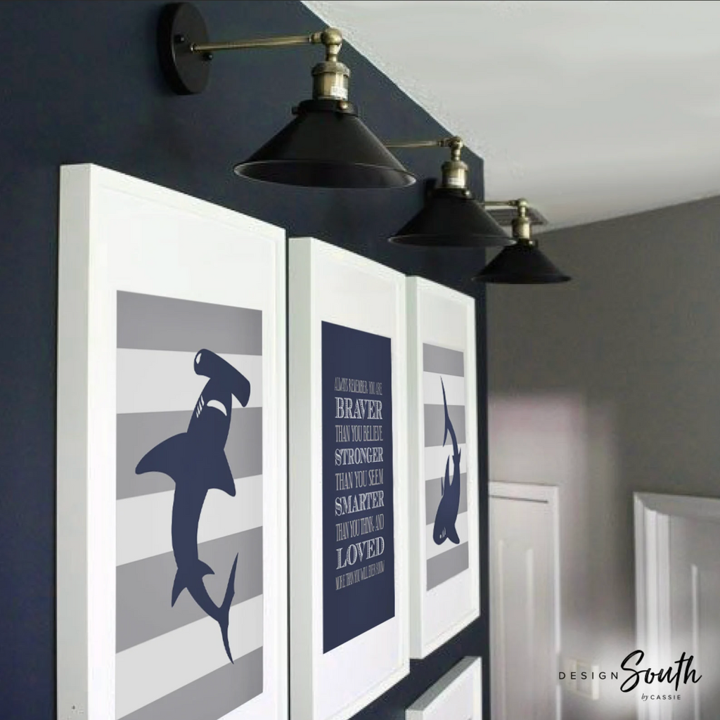 Boys navy blue and gray shark room decor, boys wall art, big boy bedroom, boys shark bedroom personalized name, shark nursery, shark decor