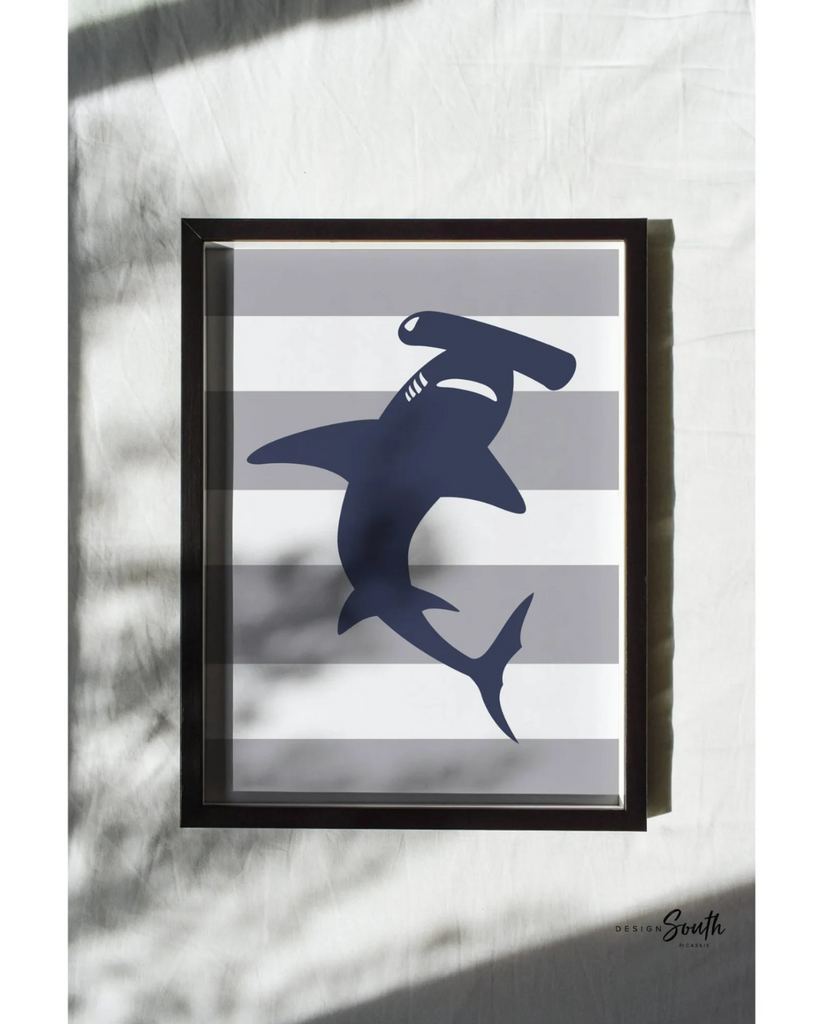 Boys navy blue and gray shark room decor, boys wall art, big boy bedroom, boys shark bedroom personalized name, shark nursery, shark decor