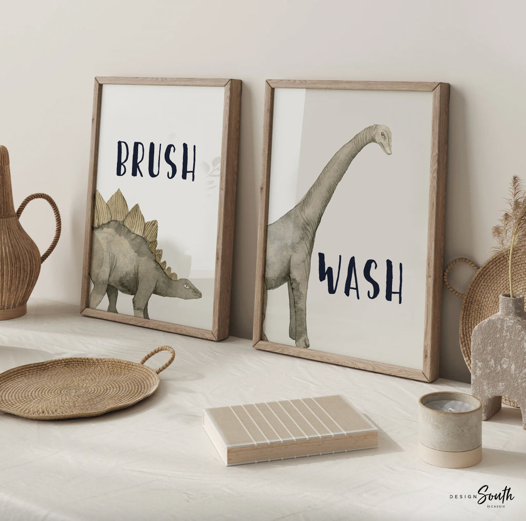 Boy neutral gray tan bathroom dinosaur themed, dinosaur kids bathroom, wash brush flush, boys bathroom prints, boys dinosaur bathroom decor