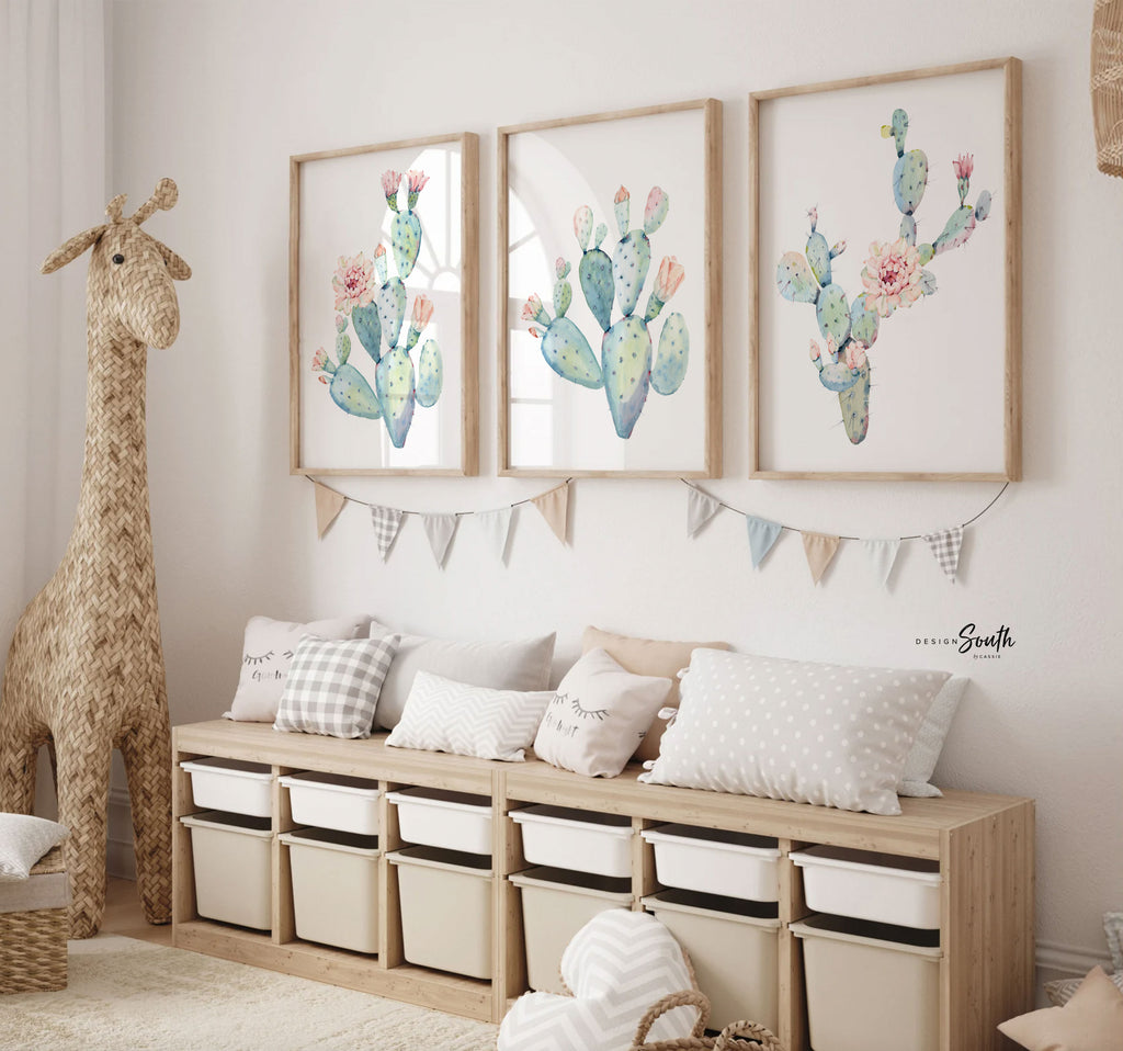 Floral cactus wall art nursery, baby girl's room wall art, succulent desert cactus bloom pink flowers, gallery wall, girl playroom pink art