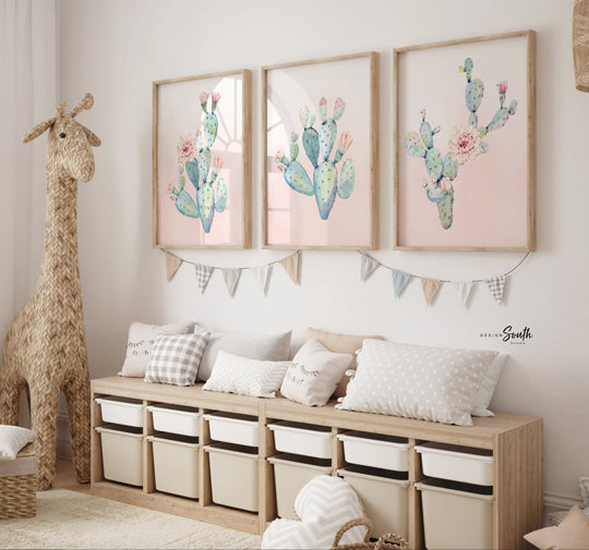 Baby girl nursery decor, girls cactus boho southwestern theme nursery art, cactus bloom theme, baby girl wall art, blush nursery wall decor – unframed wall art print for kids room or nursery.