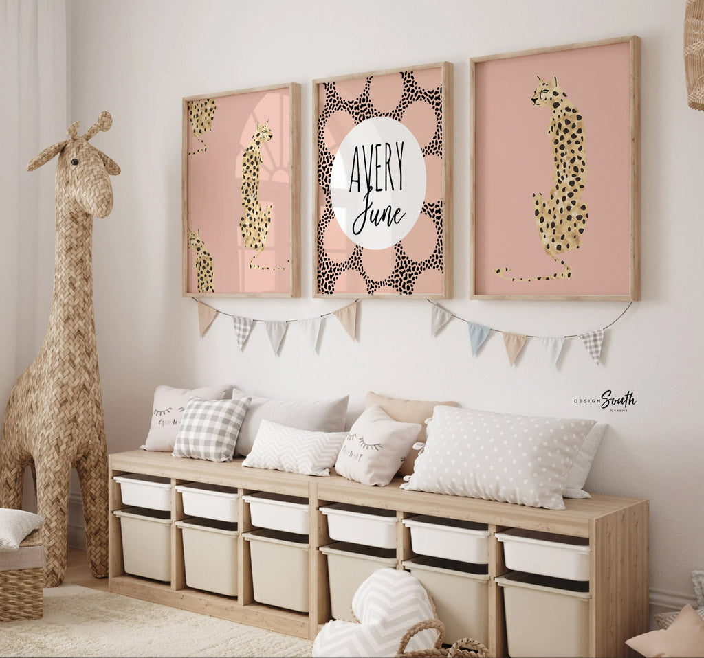 Cheetah nursery print, baby girl cheetah theme nursery, pink modern trendy speckle dot nursery, pink cheetah gift for girl, personalized art