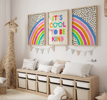 It's cool to be kind, kids wall art quote saying cool to be kind, colorful bright playroom art, bright playroom decor kindness affirmation