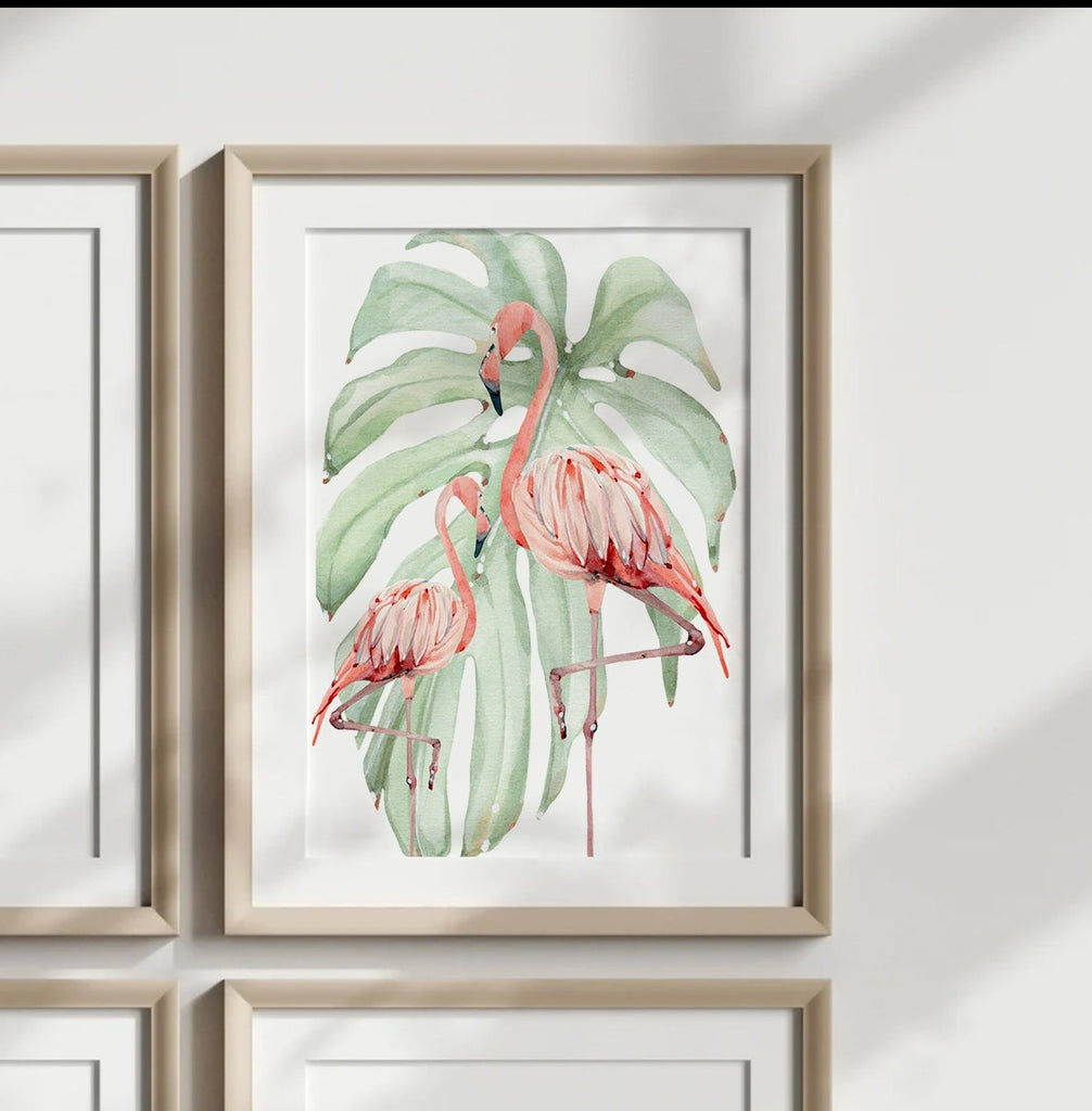 Tropical flamingo nursery, pink green nursery tropical baby, monstera leaf tropical theme baby, trendy nursery wall art decor baby girl gift