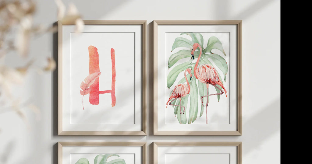 Tropical nursery gallery wall baby girl prints, flamingo tropical leaves room, personalized baby gift pink flamingo, tropical shower gift