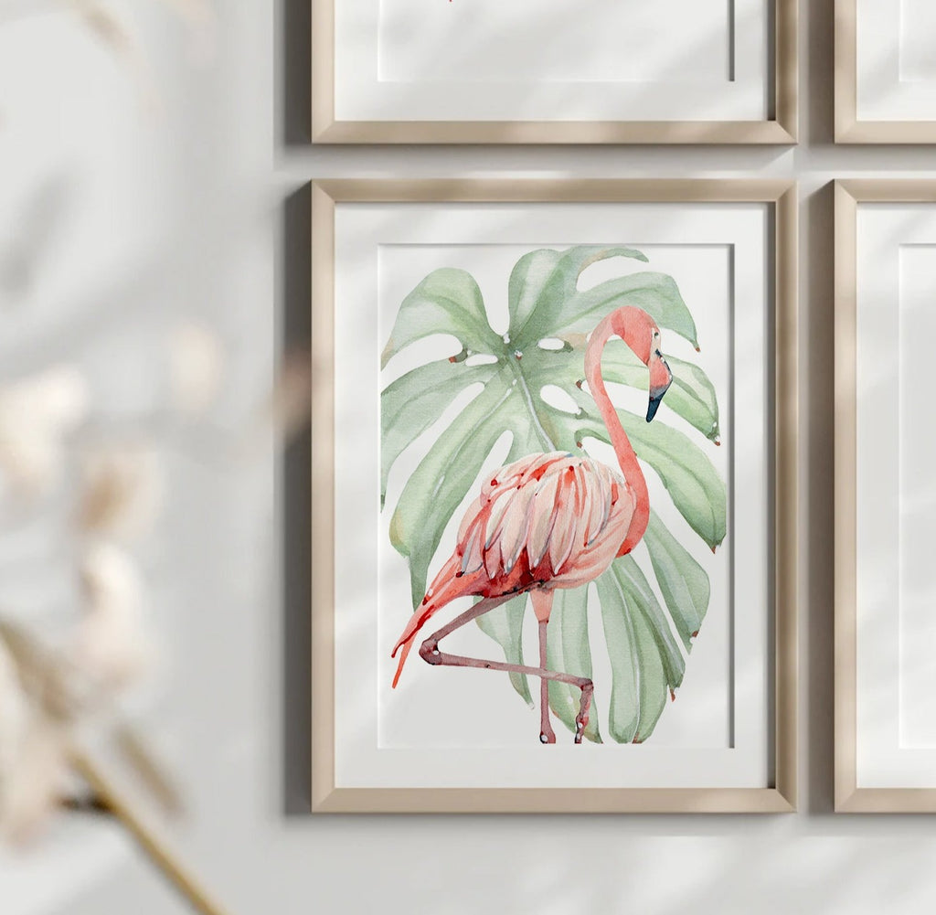 Tropical flamingo nursery, pink green nursery tropical baby, monstera leaf tropical theme baby, trendy nursery wall art decor baby girl gift