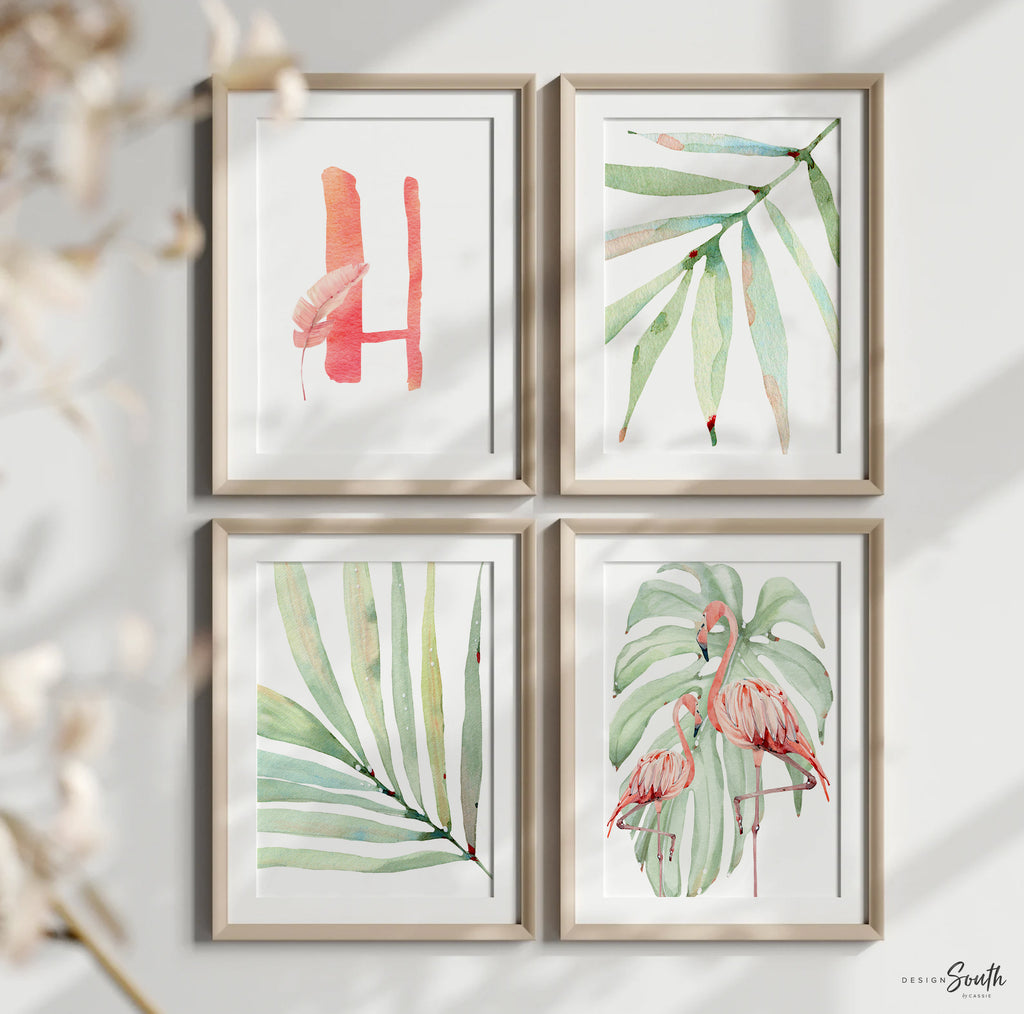 Tropical nursery gallery wall baby girl prints, flamingo tropical leaves room, personalized baby gift pink flamingo, tropical shower gift