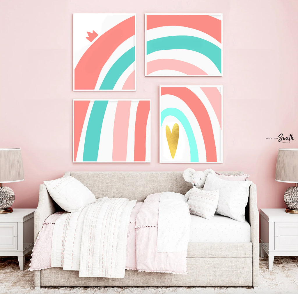 Coral teal aqua gold nursery, baby girl nursery decor coral teal, baby girl wall art theme coral teal aqua rainbow, personalized name gift