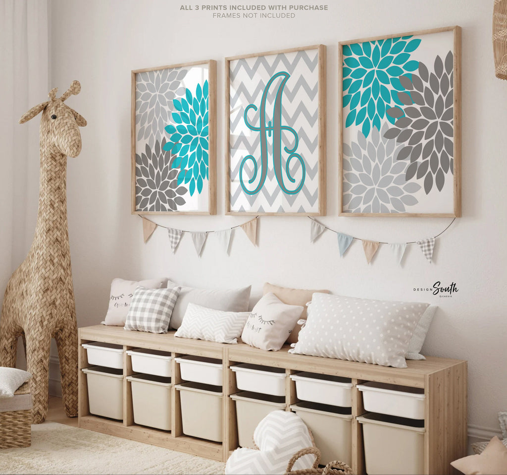 Girls bedroom wall art in turquoise and gray tones, perfect for a baby girl nursery or young girl's room. Features a modern turquoise monogram design, blending seamlessly with turquoise and gray room décor. Ideal for adding a personalized and stylish touch to a girl's bedroom. This turquoise-themed artwork complements contemporary and playful room styles, offering a vibrant, feminine accent to nursery walls or growing girl's space.