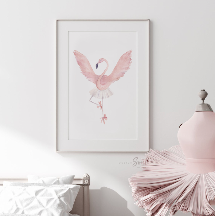 Tropical flamingo nursery, pink green nursery tropical baby, palm leaf tropical theme baby, trendy nursery wall art decor, ballerina gift