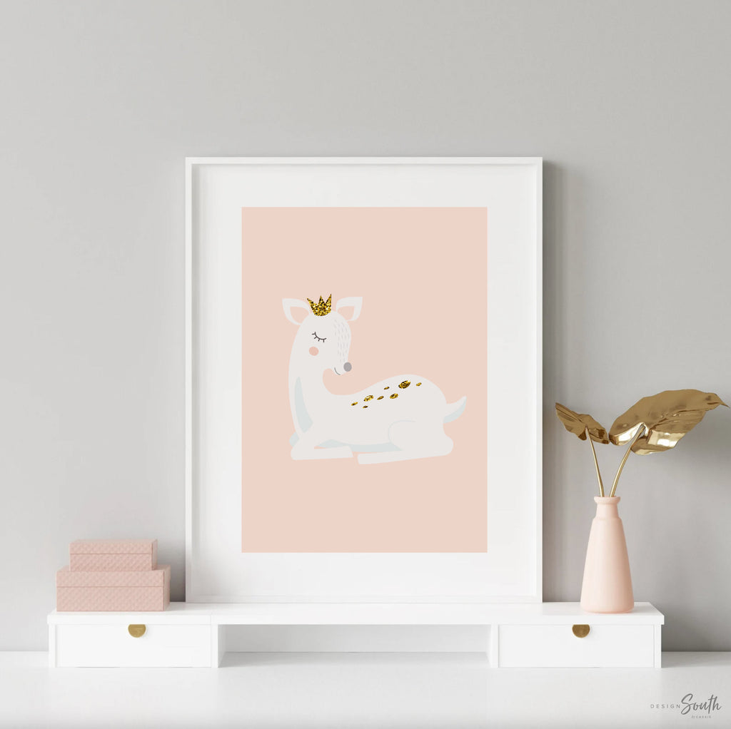 Girl deer nursery, girl deer wall art, personalized deer nursery wall art, blush pink deer art, princess animal deer decor, pink fawn baby