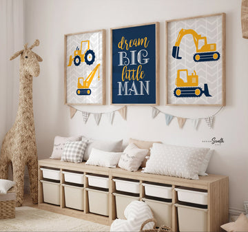 Baby boy construction nursery decor navy blue and yellow, digger prints, digger nursery art, boys construction dream big, boys bedroom decor