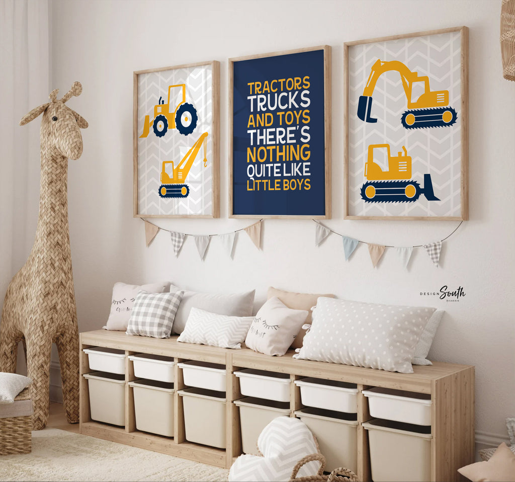 Baby boy construction nursery decor navy blue and yellow, digger prints, digger nursery art, boys construction dream big, boys bedroom decor