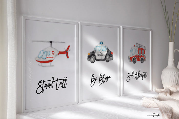 Rescue vehicle wall art, emergency vehicles nursery art, toddler room decor, big boy bedroom, transportation nursery, vehicles wall art set