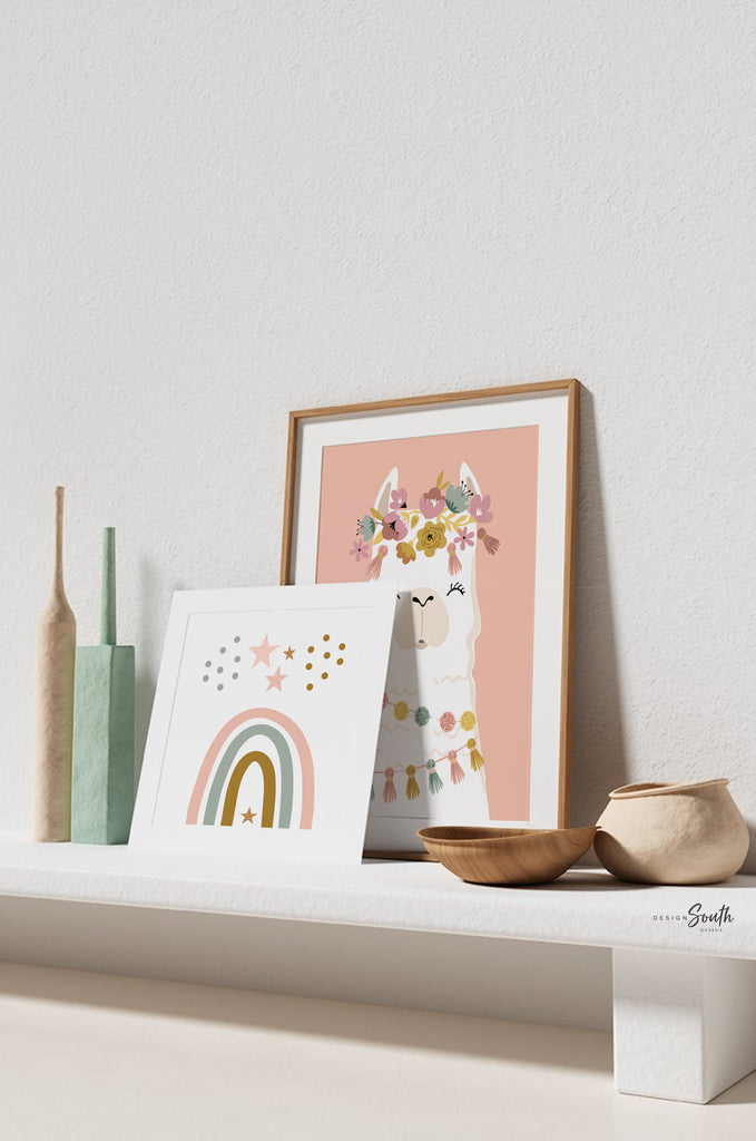 Boho nursery decor, boho nursery wall art idea, print set llama mauve pink succulents, llama themed baby room, wall decor girl bedroom llama