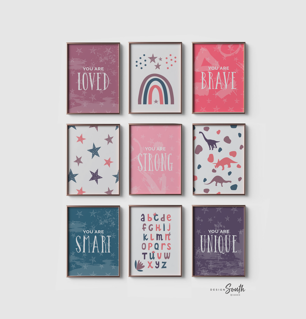 Girls bedroom nursery or playroom wall decor, pink purple dinosaur print set for girls, wall art for girls room, happy inspirational prints