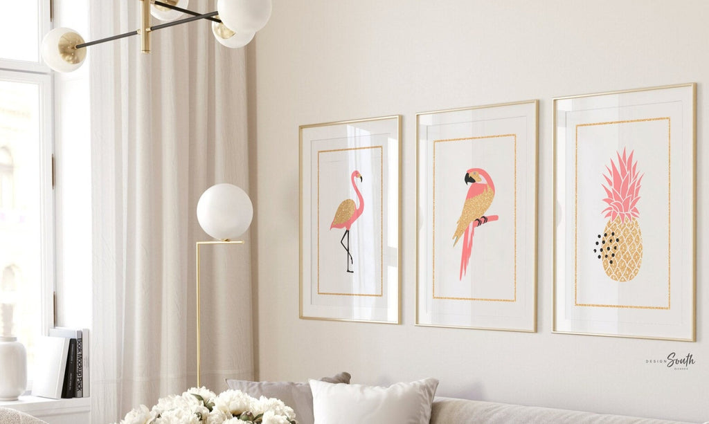 Coral flamingo girl art, flamingo gift for girl, tropical nursery theme decor, coral gold nursery art, flamingo pineapple art print set of 3