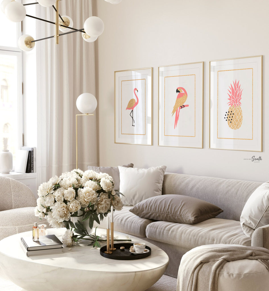 Coral flamingo girl art, flamingo gift for girl, tropical nursery theme decor, coral gold nursery art, flamingo pineapple art print set of 3