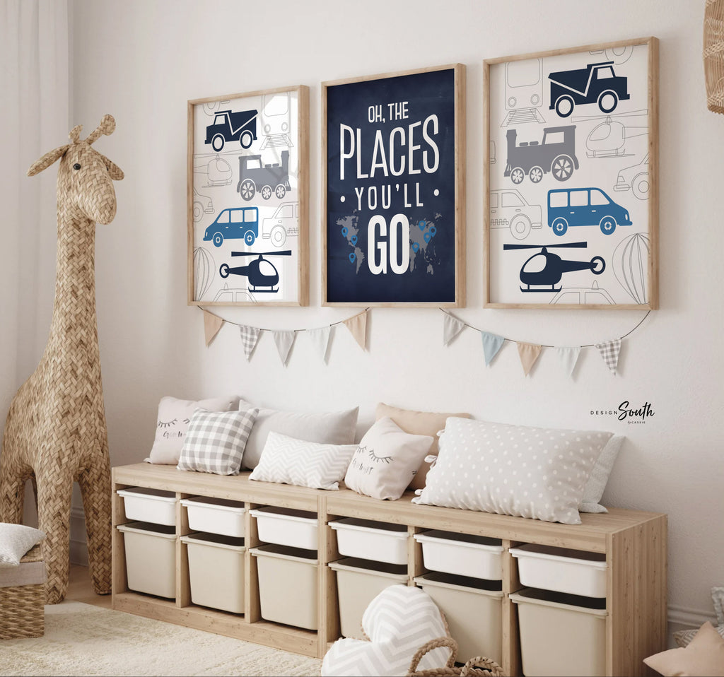 Transportation boys room wall art cars trains helicopter, navy blue and gray cars, boy bedroom decor, car bedroom boy, car decor boy room