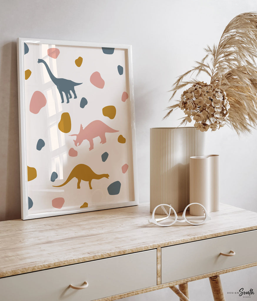 Girl dinosaur art, dinosaur prints for girls, trendy pattern pink girl dinosaurs, art prints dinosaur girl theme, girl room decor modern art