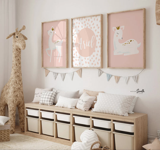 Girl deer nursery, girl deer wall art, personalized deer nursery wall art, blush pink deer art, princess animal deer decor, pink fawn baby